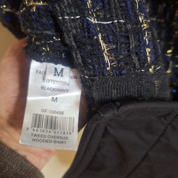 Faith Connexion Tweed oversized hooded shirt black/navy unisex SZ M - Picture 13 of 16